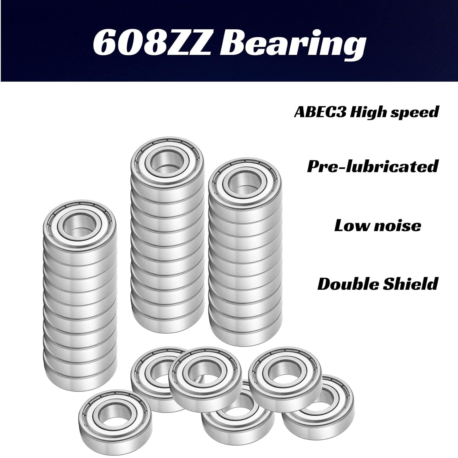 100 PCS 608-ZZ Ball Bearing 8mm x 22mm x 7mm Double Metal Sealed Shielded for 3D Printers, Skateboards, Electric Motor, Household Appliances