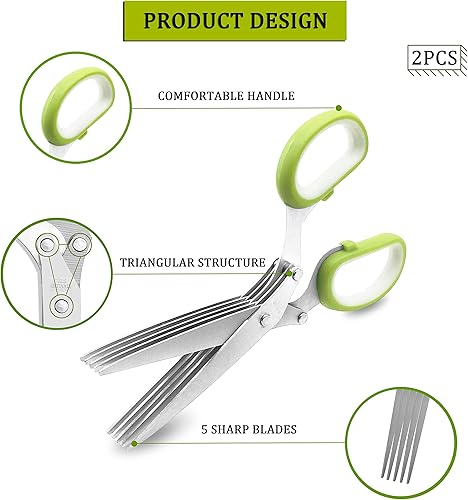 Miniatura 10 de Paquete de 2 tijeras para hierbas tijeras para hierbas con 5 cuchillas y cubierta tijeras de cocina de hoja múltiple para cortar triturar y cocinar
