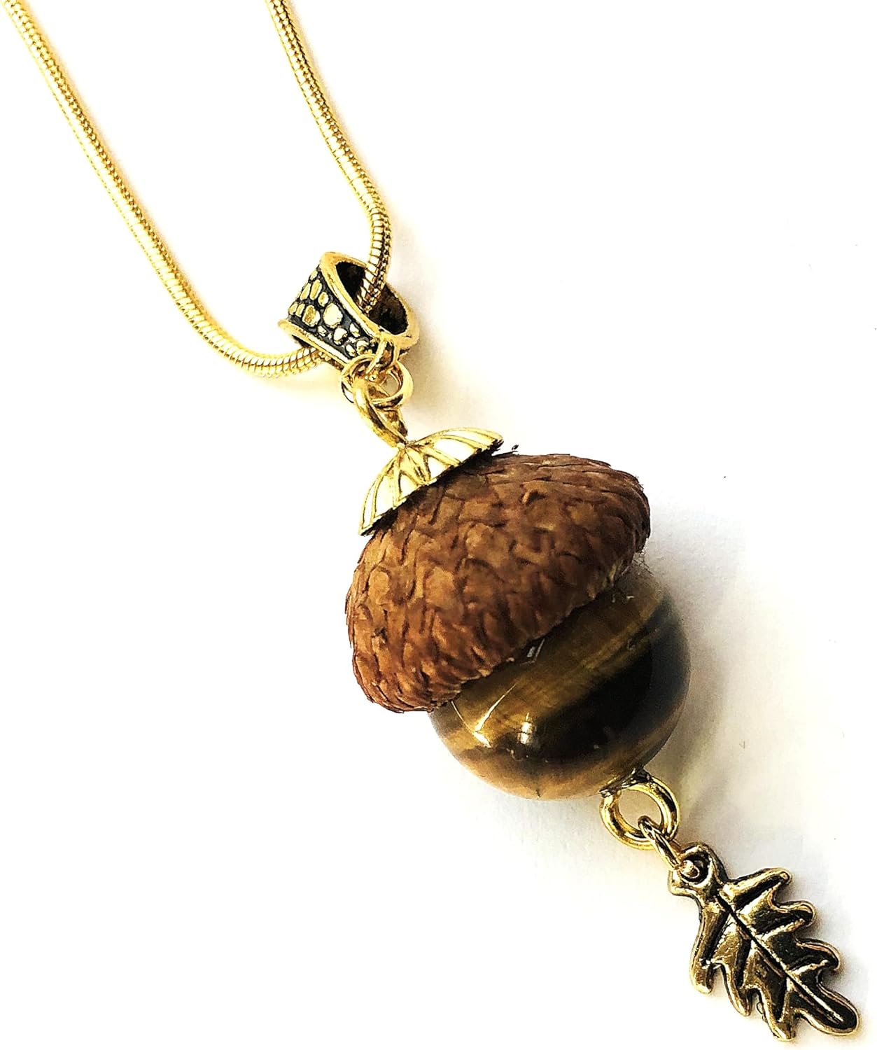Autumn Jewelry Acorn Large Tiger Eye Bead Pendant, Oak Tree Small Leaf, Natural acorn cap, Gold filled snake chain - Image 4