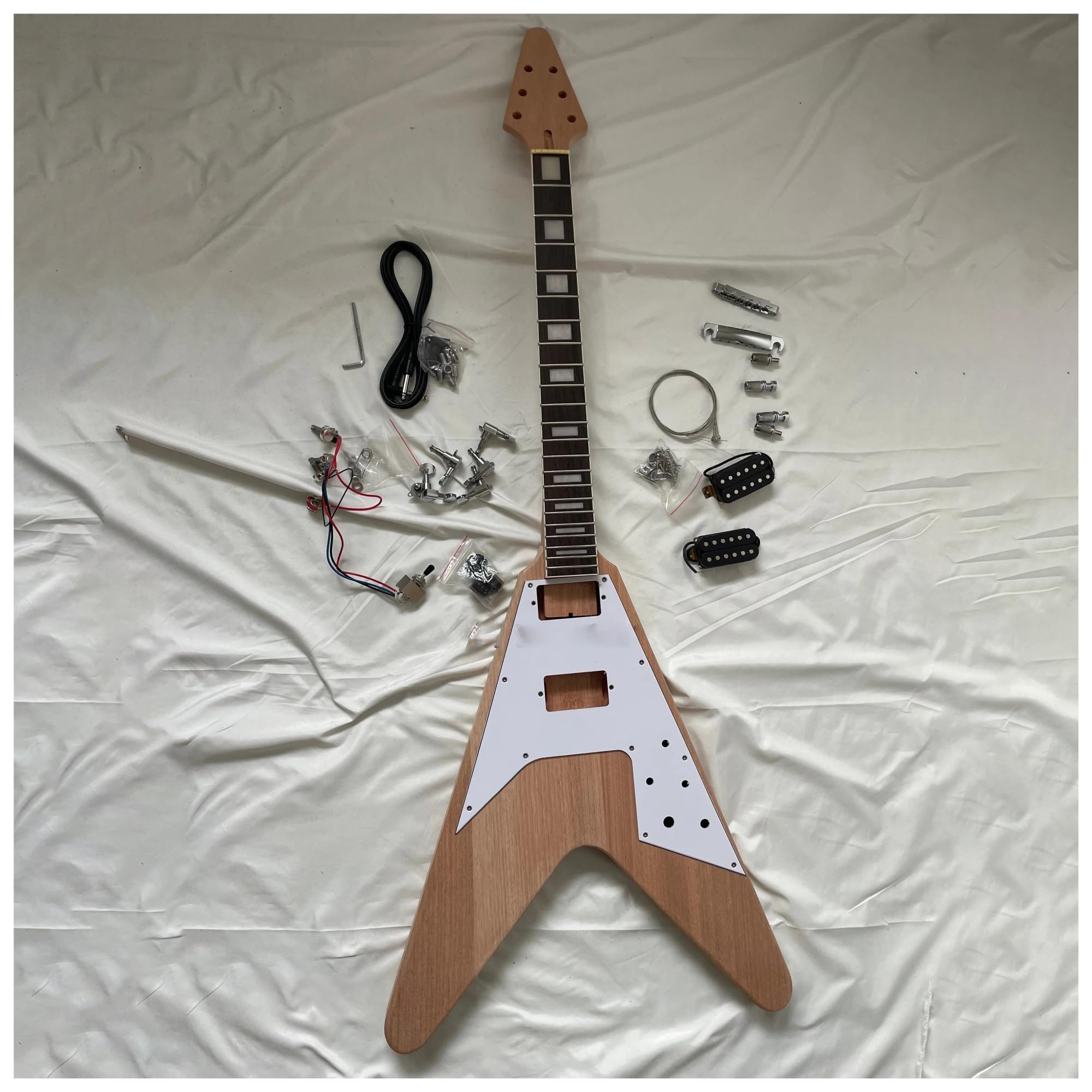 Unfinished Guitar Body DIY Electric Guitar Kits V Shaped Mahogany Body Neck Rosewood Fingerboard Dot Inlay And Square Inlay(Square Inlay)
