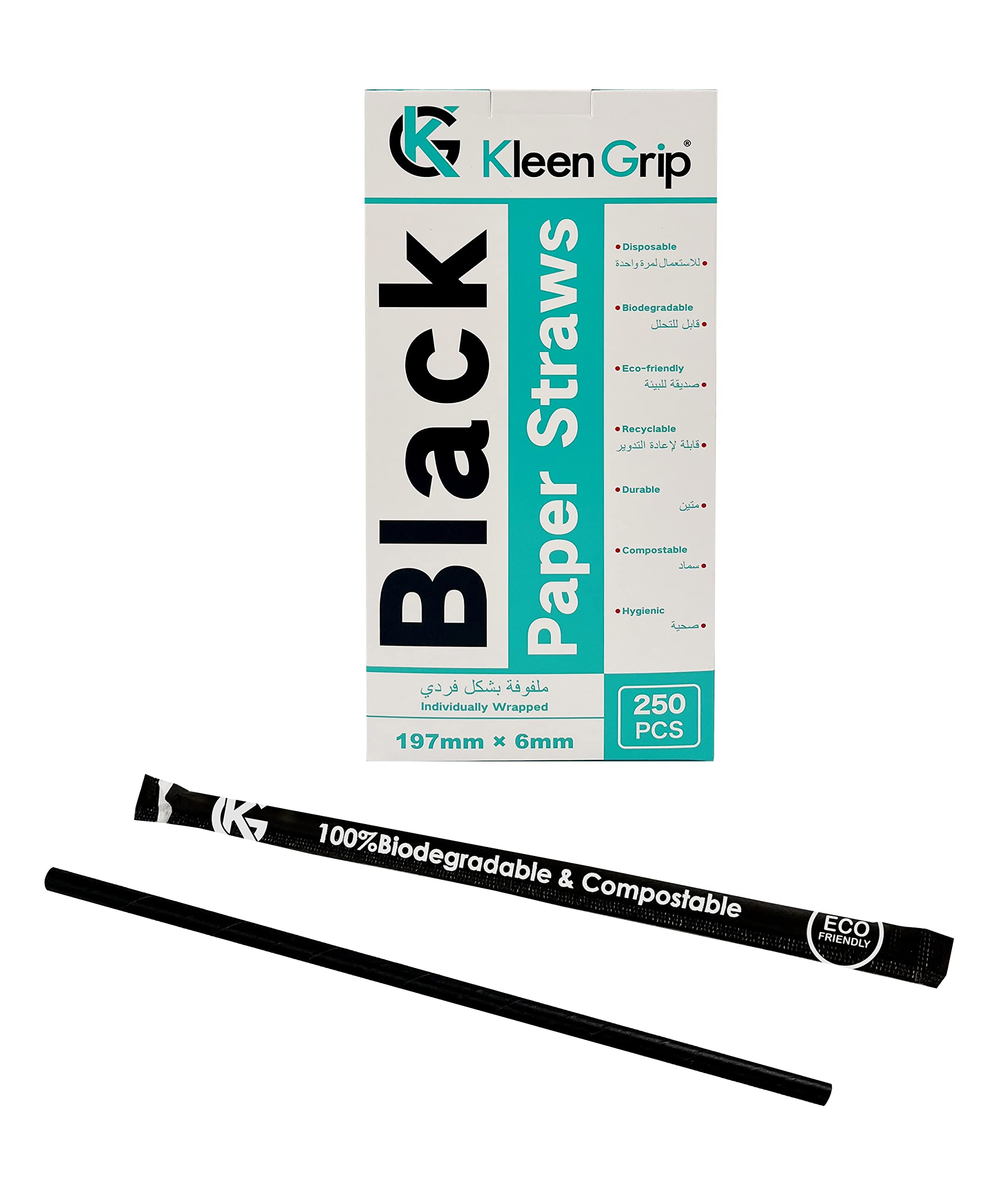 Kleen Grip Straight Paper Straws ,Black ,197mm*6mm,250Pcs,76266
