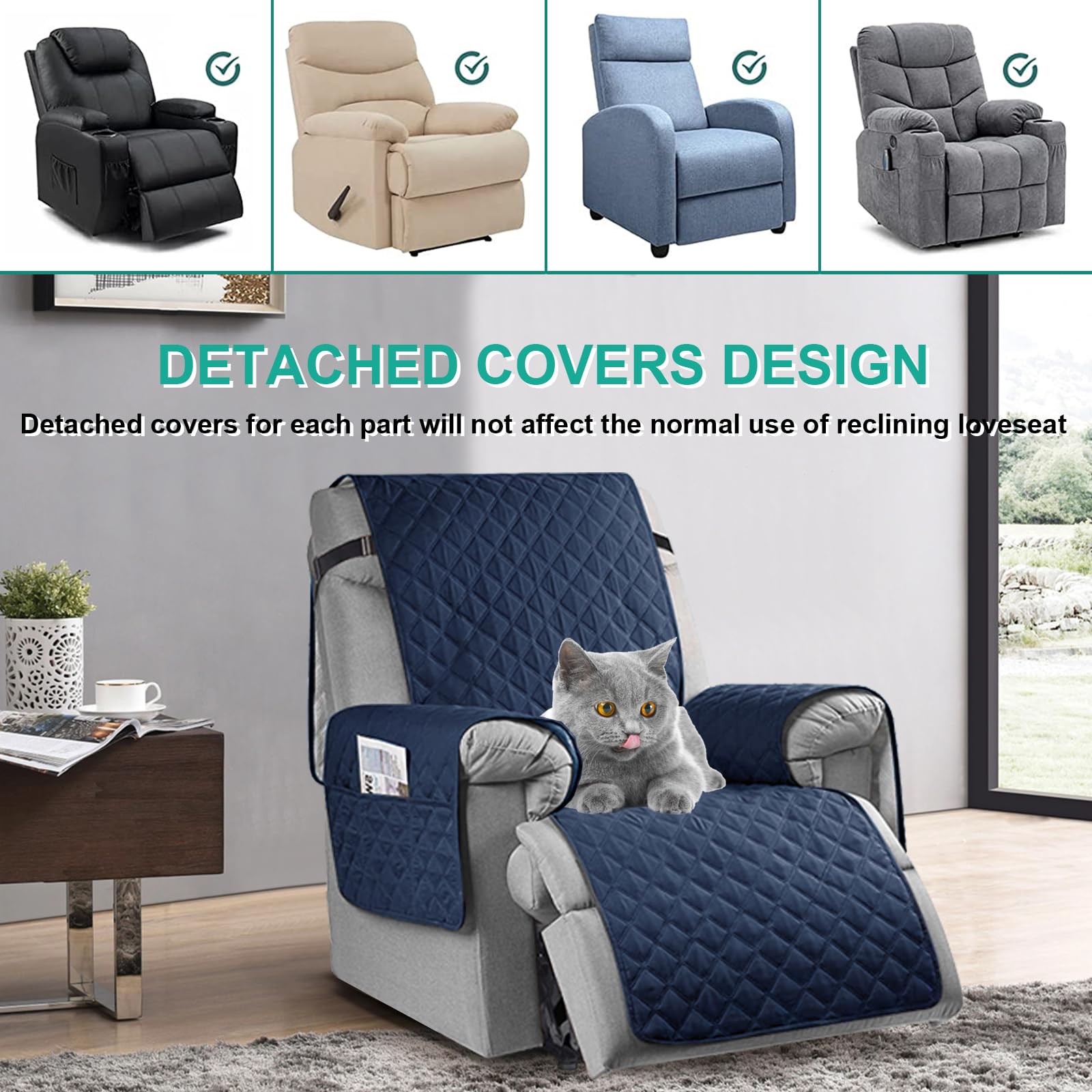 Copertura Impermeabile del sofà del reclinabile di 100%, Copertura reclinabile Antiscivolo della Sedia di 3 posti con Le Cinghie Elastiche per i Cani,Navy Blue,1 Seater