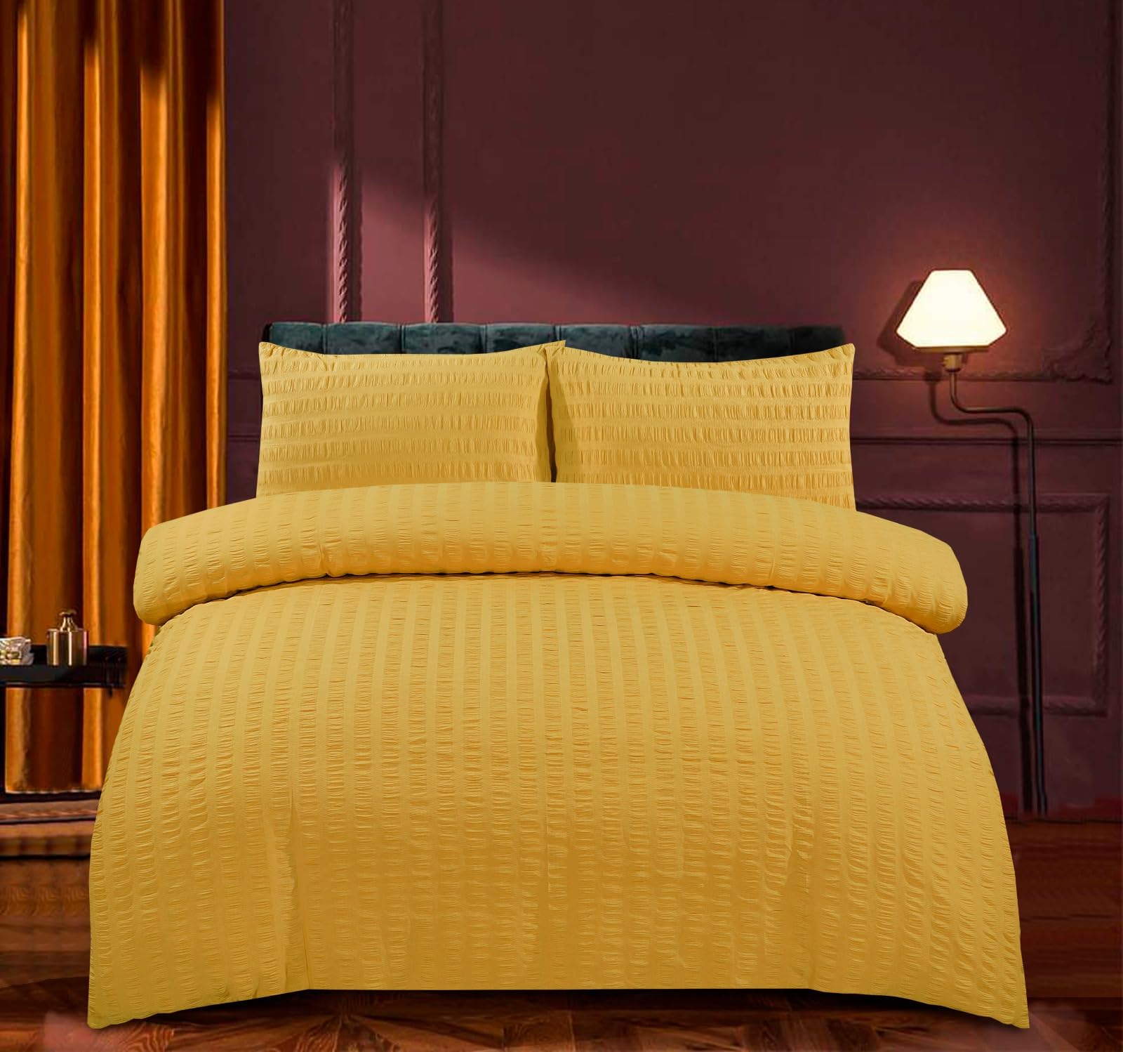 KD HOME EVERYTHING YOU NEED Seersucker Duvet Quilt Cover Set with Matching Pillowcases, Ultra Soft Cosy Polycotton Stripe Design, Easy Care & Machine Washable (Ochre, Single)