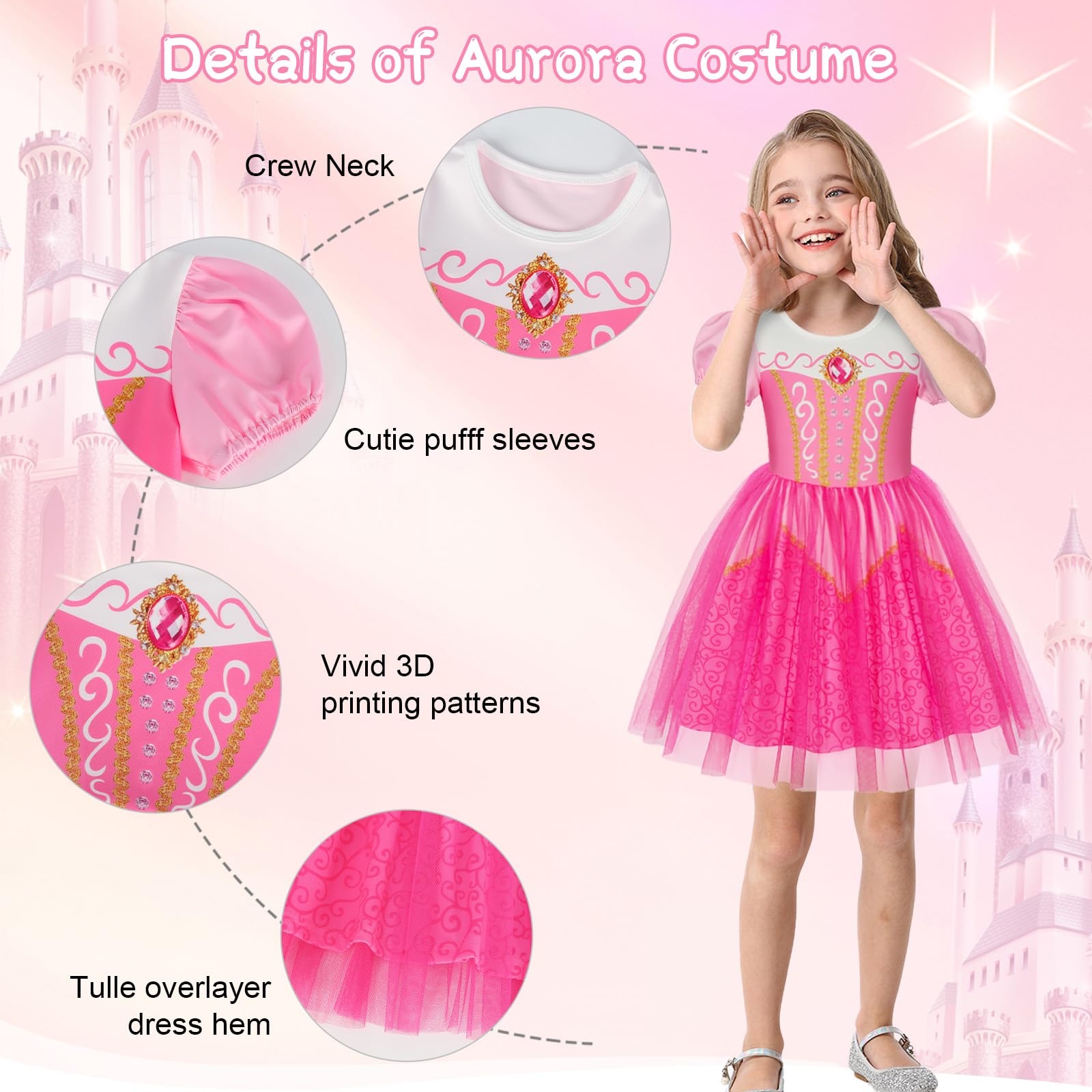 Berich Pink Dress Kids Clothing Princess Costumes for Girls Halloween Outfits Christmas Gifts World Book Day Costumes for Girls 2-3 Years(Pink,100) - Image 2