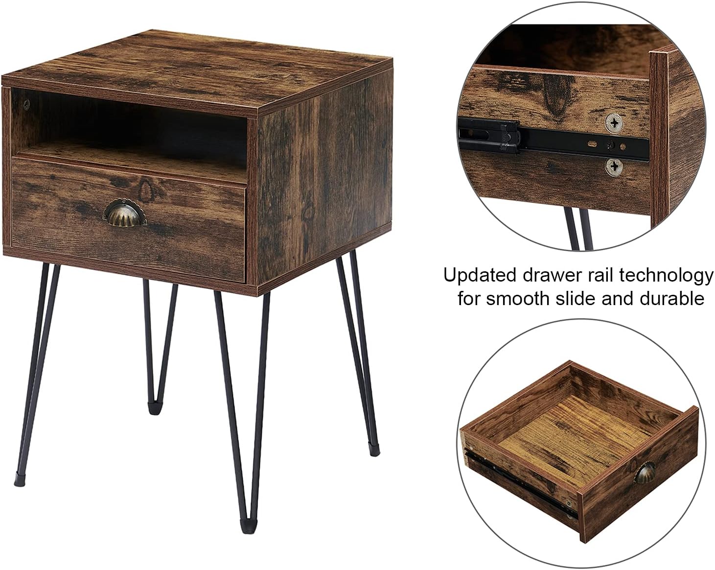 VECELO Nightstand 2-Tier Industrial End Side Table with Open Compartment & Drawer, Accent Furniture for Small Spaces, Easy Assembly, Rustic Brown