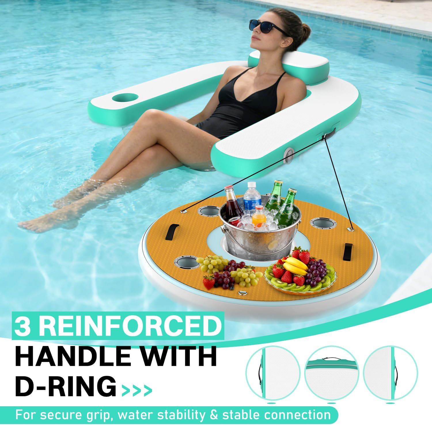 Adults Inflatable Pool Float Chair, Floating Lounger with Cup Holder & Headrest, 3 D-Ring Handles, Spacious Deep Seat Fits All Body Types, Inflatable Lounger for Pool/Beach/Lake | Green