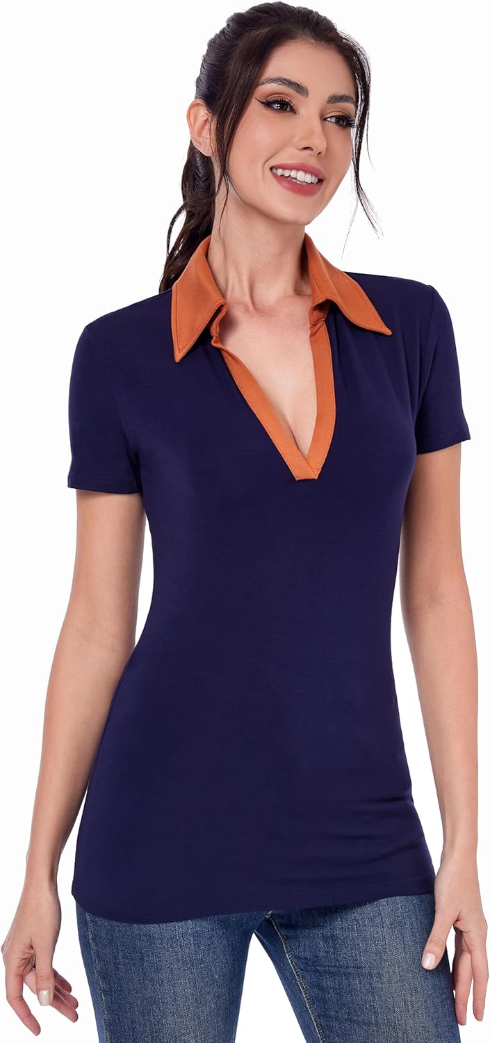 AmélieBoutik Women Color Trim Collared V Neck Short Sleeve Top - Image 2