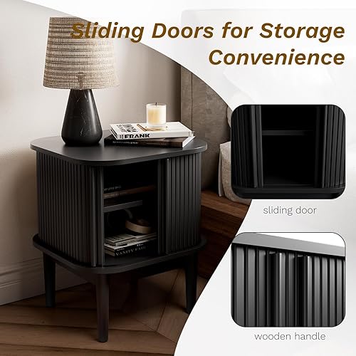 Miniatura 3 de Mesita de noche acanalada con puertas correderas, moderna mesita de noche con patas de madera maciza, mesita de noche de madera para dormitorio