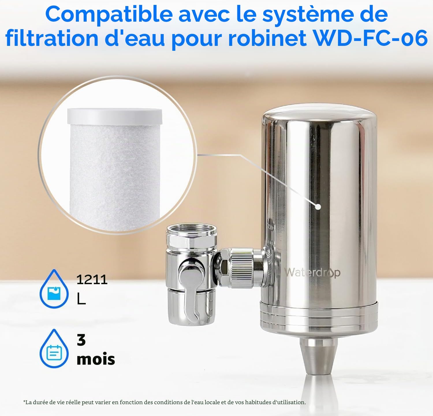 Waterdrop WD-FF-03A Filtre à Charbon de Remplacemen pour Robinet WD-FC-06, Réduit le Chlore de 94,42%, le Mauvais goût et Plus Encore, Dure Jusqu'à 9 Mois (Paquet de 3)