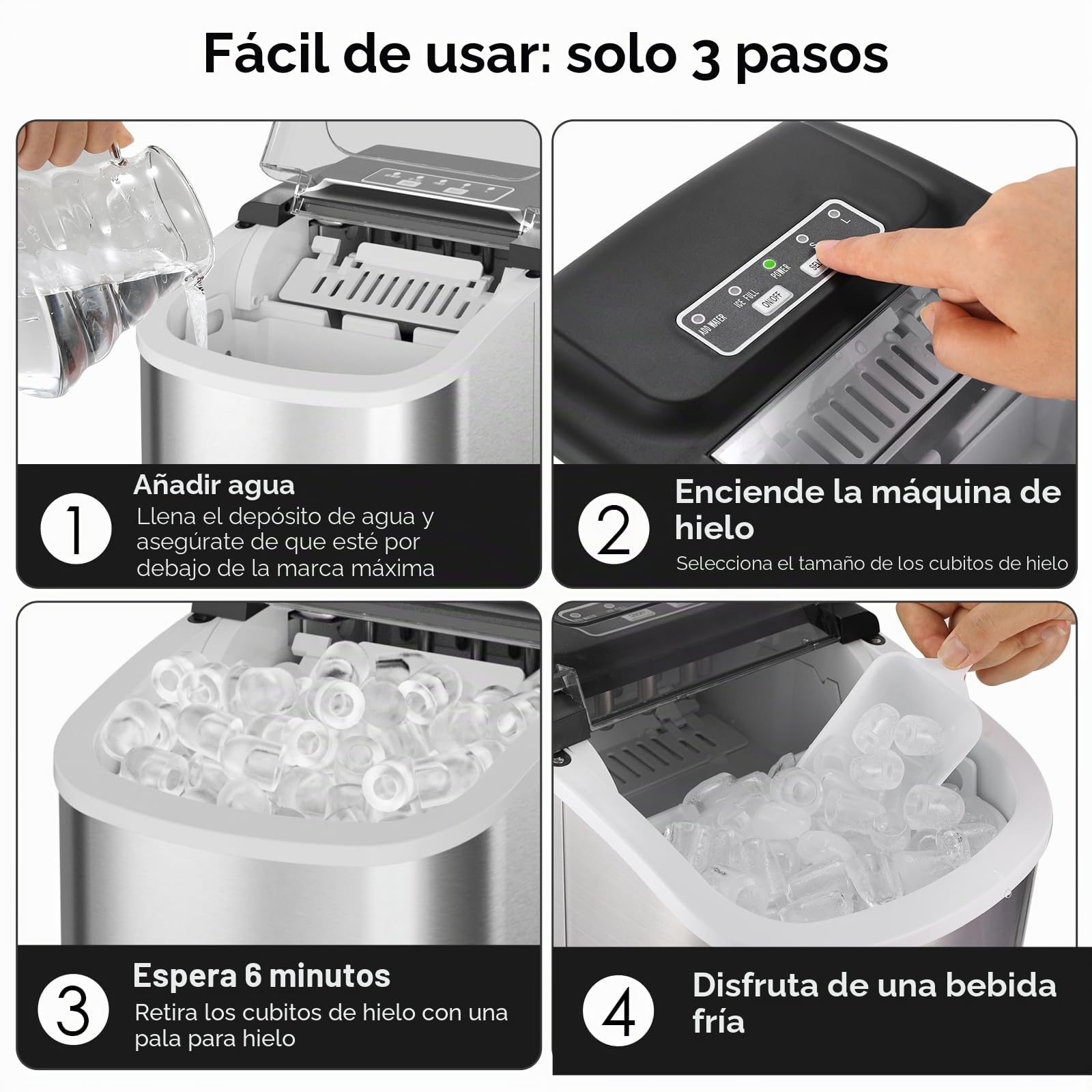 Maquina de Hielo, 9PCS Cubitos de Hielo en 6 Min, 12kg/24h, 2 Tamaños de Cubitos, Maquina de Hacer Hielo con Asa de Transporte/Pala para Hielo, Maquina Hielo con Autolimpieza para Casa/Cocina/Oficina