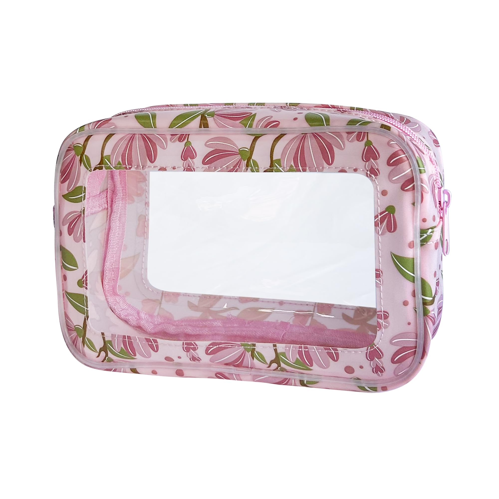 Flower Print PVC Cosmetic Bag - Waterproof Clear Makeup Pouch with Zipper, 8.26 x 5.31 x 2.75Inches Travel Toiletry Organizer for Women & Men | Lightweight & TSA Friendly (Pink+flowers-M)