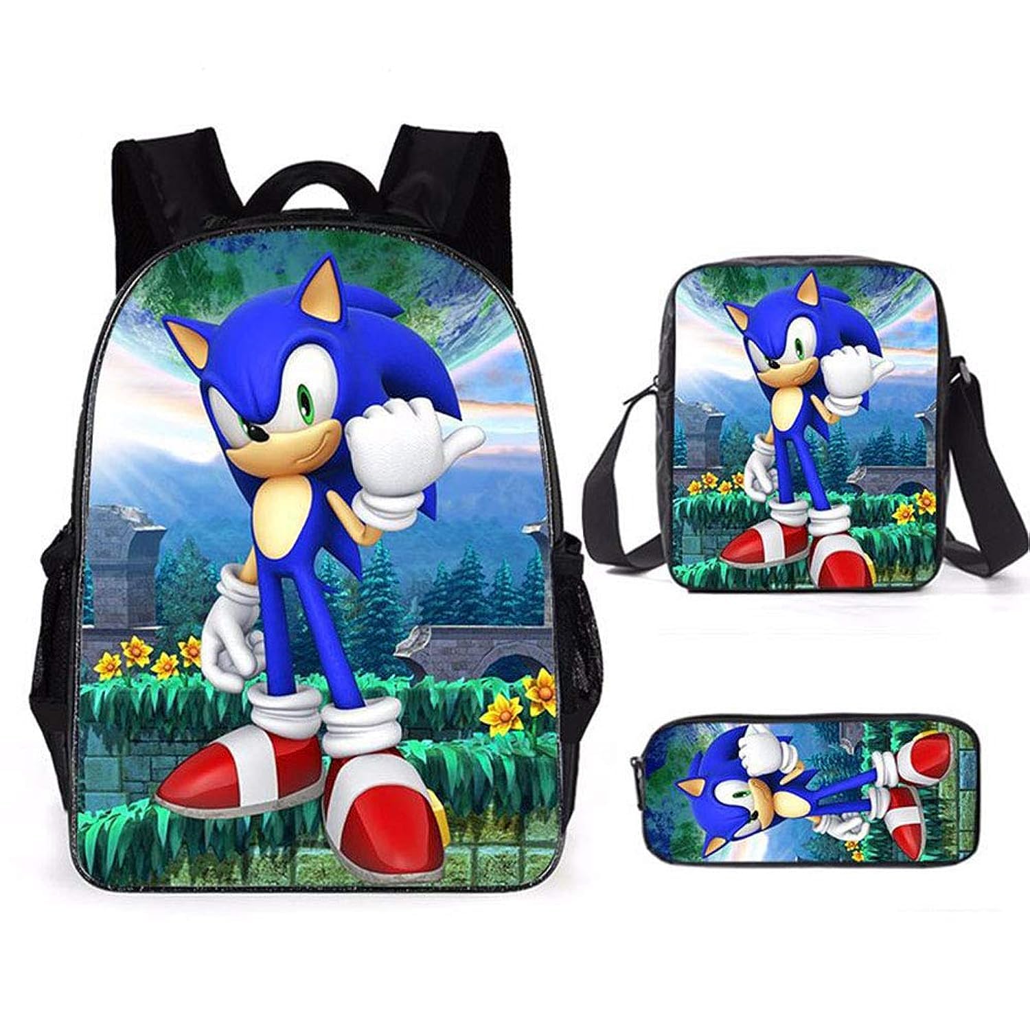 HXAPolyester 3D Sonic Printed 3 in1 School Backpack with Shoulder Bag and Pencil Case for Kids - (15.7in) Set of 3 Pieces