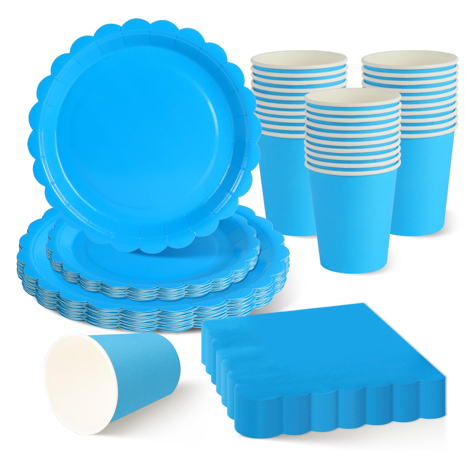 ZblPyro Sky Blue Party Tableware Set for 30 Guests | A Set of 120 pcs Includes 9" & 7" Scalloped Paper Plates, Cups & Napkins | Baby Shower for Boy, Naming Ceremony & Summer Party — image 1