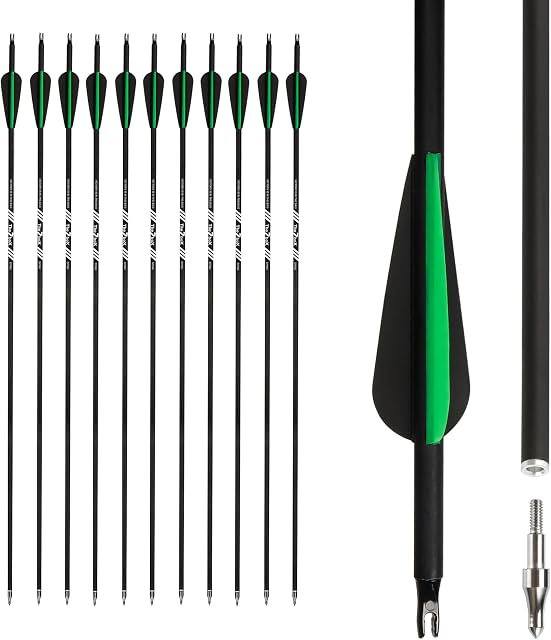 The7boX 30inch Archery Carbon Arrow 12pcs,Hunting Arrows Spine 500 with Replaceable Broadhead for Recurve Bow Compound Bow Outdoor Target Practice Sports Game