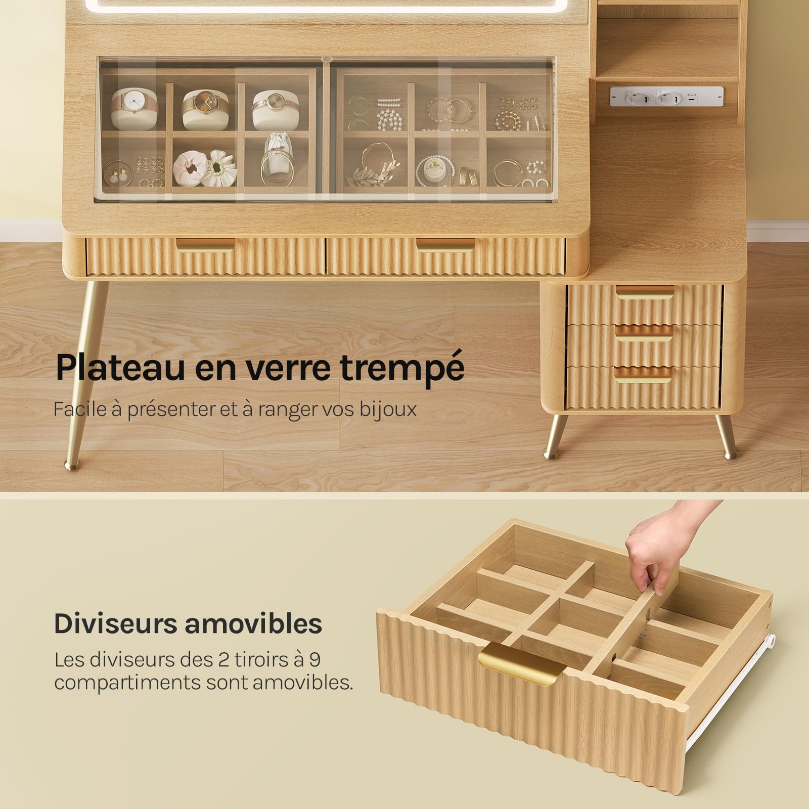 WOLTU Coiffeuse avec Grand Miroir LED, Éclairage Réglable, Multiprise, Plateau en Verre Trempé, Table Maquillage avec 2 Tiroirs à Diviseur Amovible, Armoire Latérale, Casiers Ouverts, Style Chêne