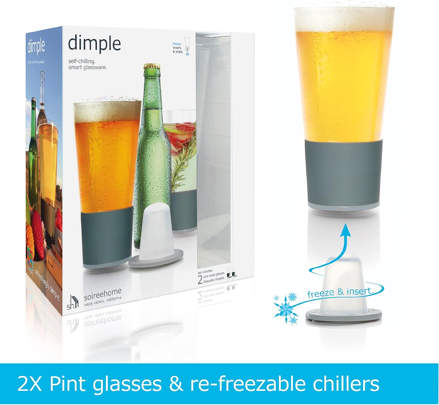 Soireehome Dimple, 1st Generation Self Chilling Pint Glasses, No Ice, 16oz. Set of 2