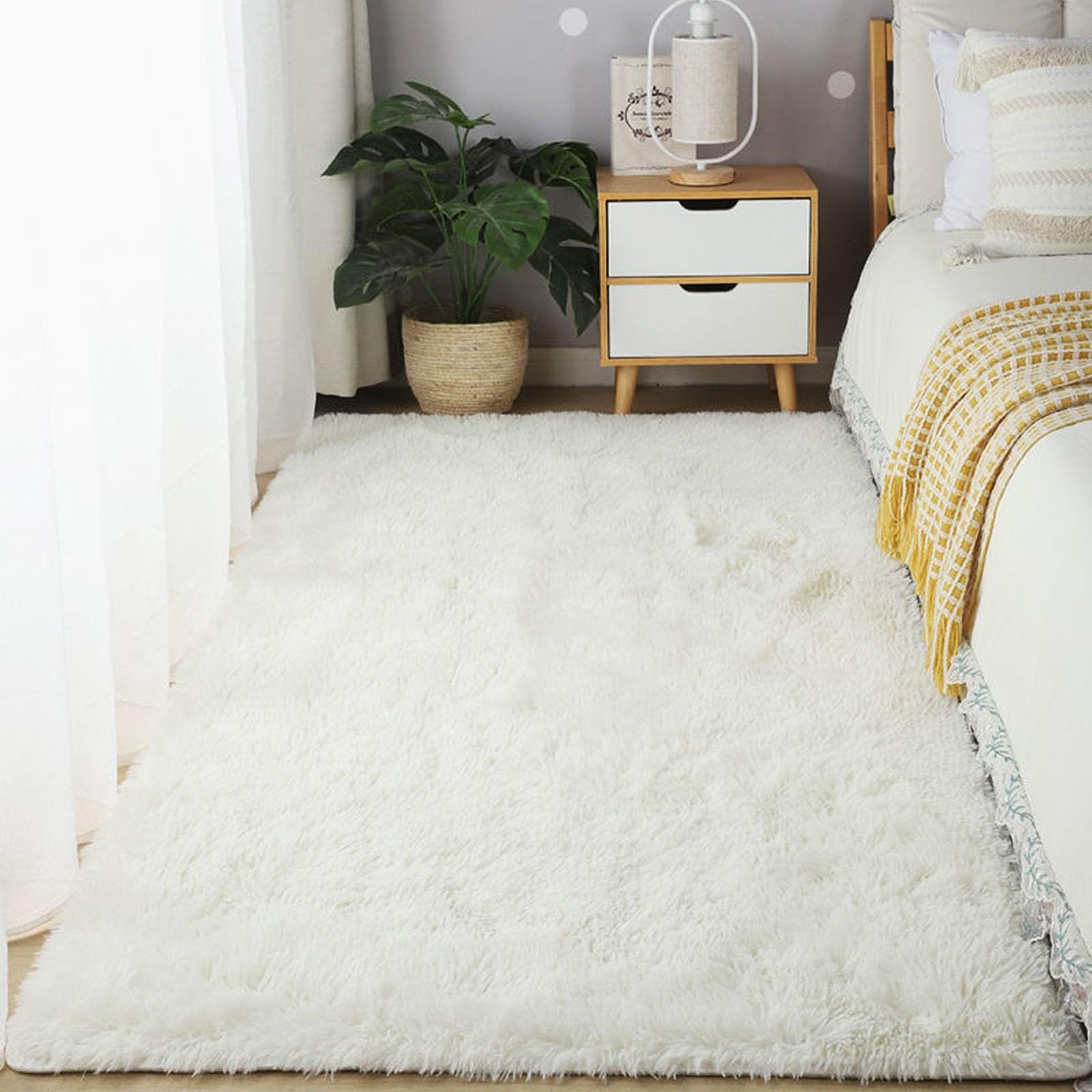 Tapis de salon à poils longs épais et antidérapant 180x160cm blanc pour couloir