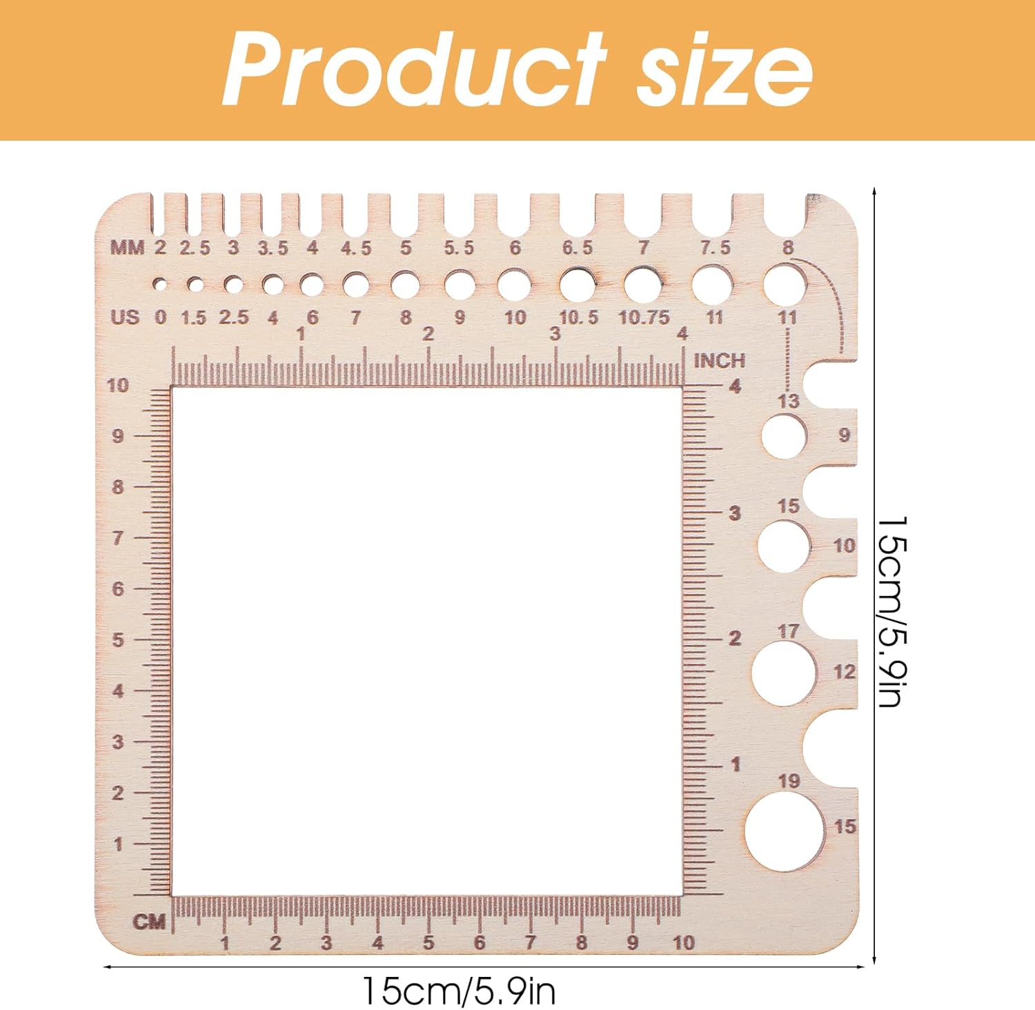 XLIUAX Wooden Rulers, Crochet Stitch Counter Spinner Yarn Measure Needle Gauge Swatch Ruler for Knitting Crochet Gauge Measuring Tool Poplar Square Measuring Tool Multi-Size Holes for Needles(A)