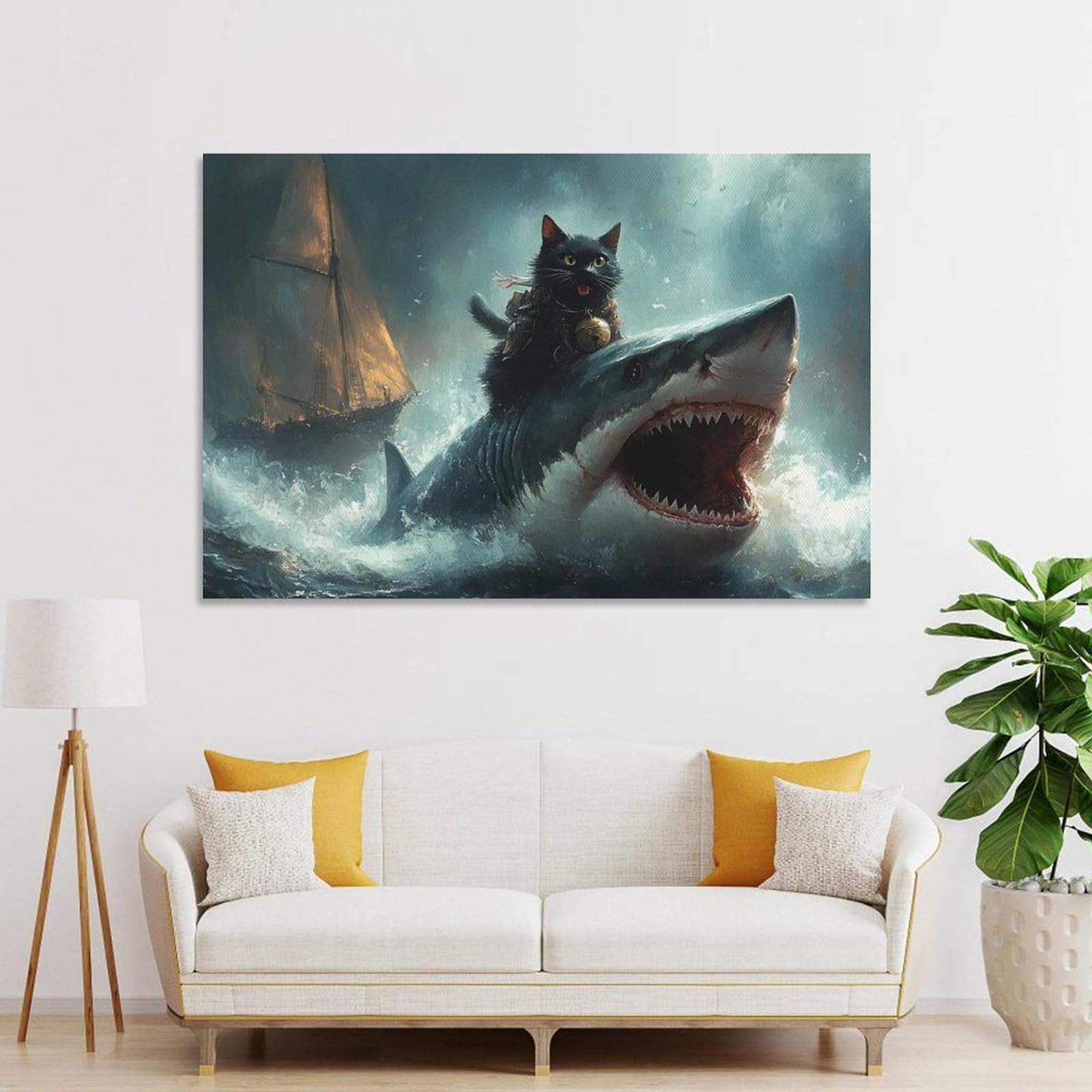 Junmoney Wall Picture Print Black Cat Riding Shark Funny, 08x12inch(20x30cm), for Entryway, Lounge Links Or Small Walls, Home Artwork for First Impressions