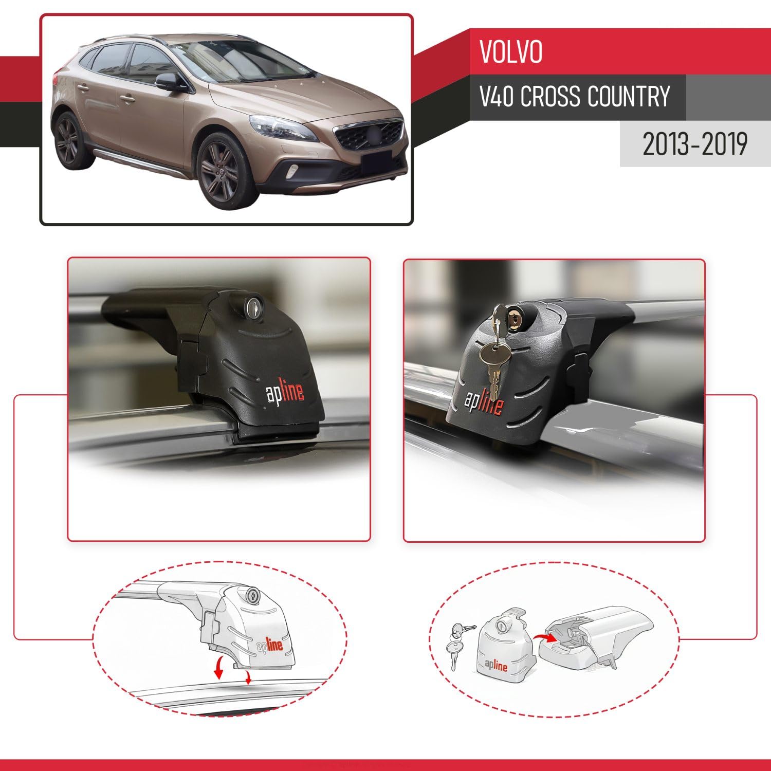 Compatible con Volvo V40 Cross Country 2013-2019 Modelo Ace-2 Barra de Techo Auto Portaequipajes Barras Transversales Gris Aluminio 2 Barras