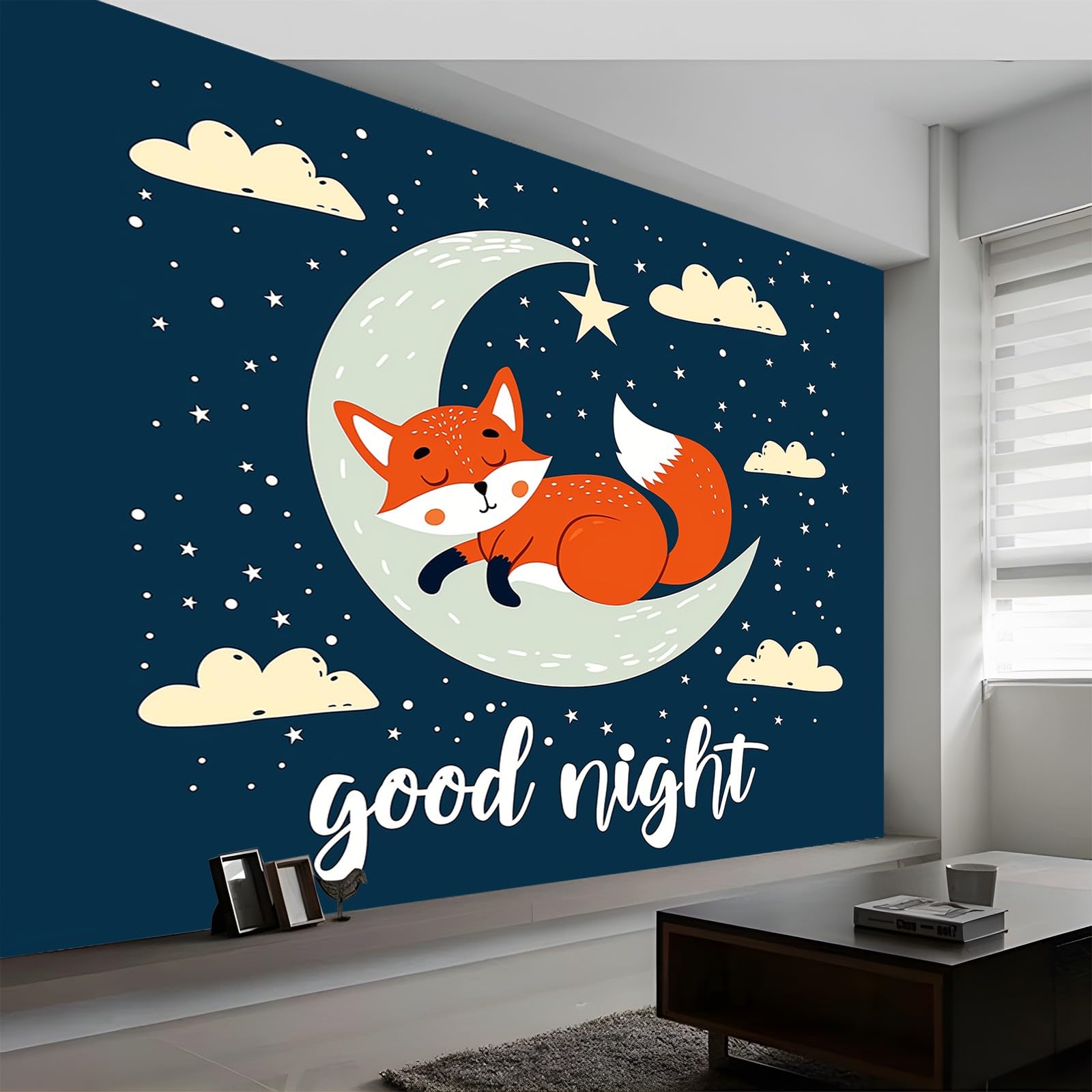 Tapeta śliczny księżyc z kreskówki, 300 x 210 cm, tapeta z włókniny, ciemnoniebieska, tapeta ścienna do salonu, biura, sypialni, tapeta dekoracyjna