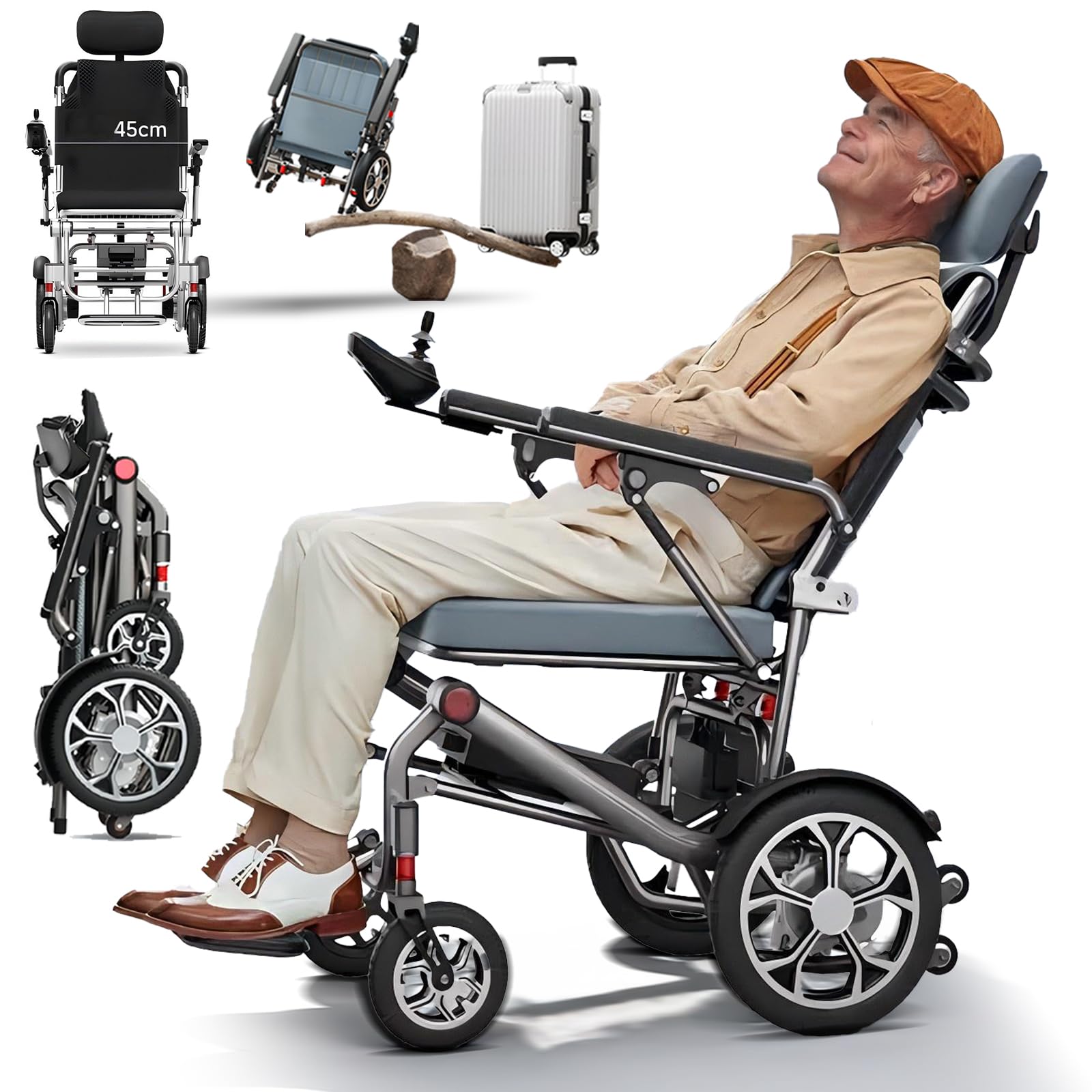 Elektrischer Rollstuhl Elektrisch Faltbar Leicht Elektrorollstuhl, abnehmbare Kopfstütze, 15.9 kg, 150 kg Tragfähigkeit, 400W Motor, 25-50 km Reichweite, ideal für Senioren und Behinderung,20a