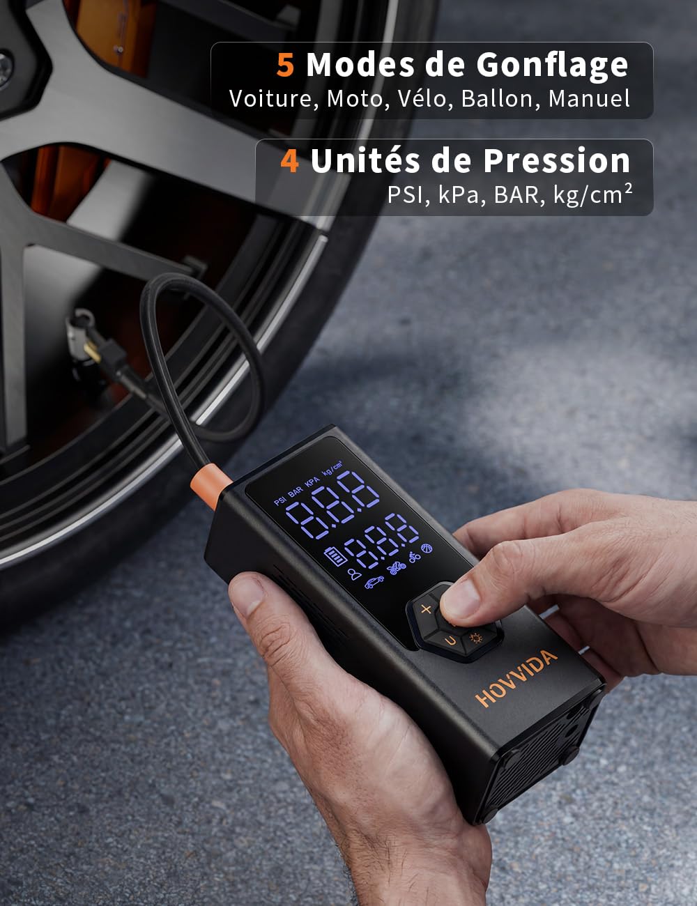 HOVVIDA Przenośna pompka do opon, kompresor samochodowy, akumulator 7800 mAh, 12 V DC, 150 PSI, przepływ powietrza 40 l/min, szybkie pompowanie, przenośna pompka do minivanów | 12 V DC, 10,3 bar (150 PSI), 40 l/min, szybkie pompowanie, pompa do MPV, SUV,