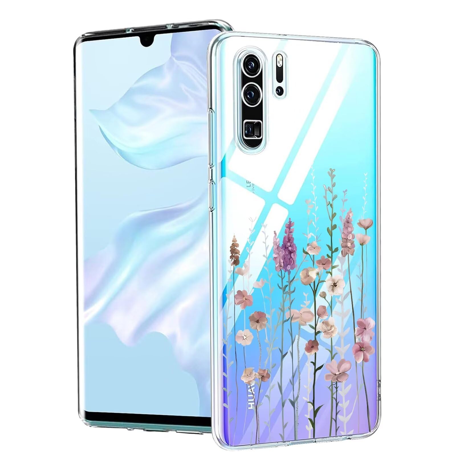 Yoedge 2 Custodie Per Huawei P30 Morbida TPU Trasparente Con Disegno Fiori - Ultra Sottile Antiurto, Resistente Ai Graffi, Cover Chiara