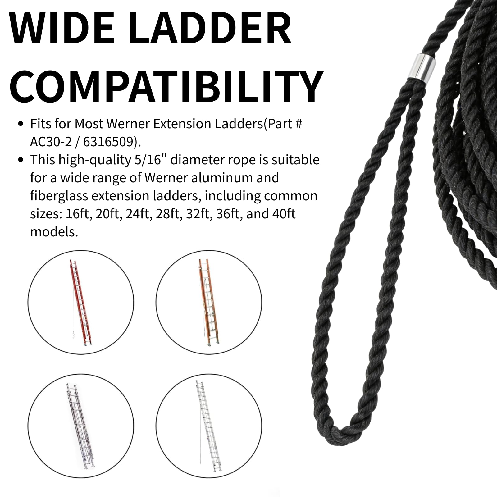 Extension Ladder Rope 40 Foot Replacement for Werner AC30-2,Works
