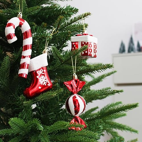 Miniatura 4 de Jesiramoo Decoraciones de árbol de Navidad en interior 4 juegos de adornos colgantes rojos y blancos para árboles, caja de regalo de bastón de