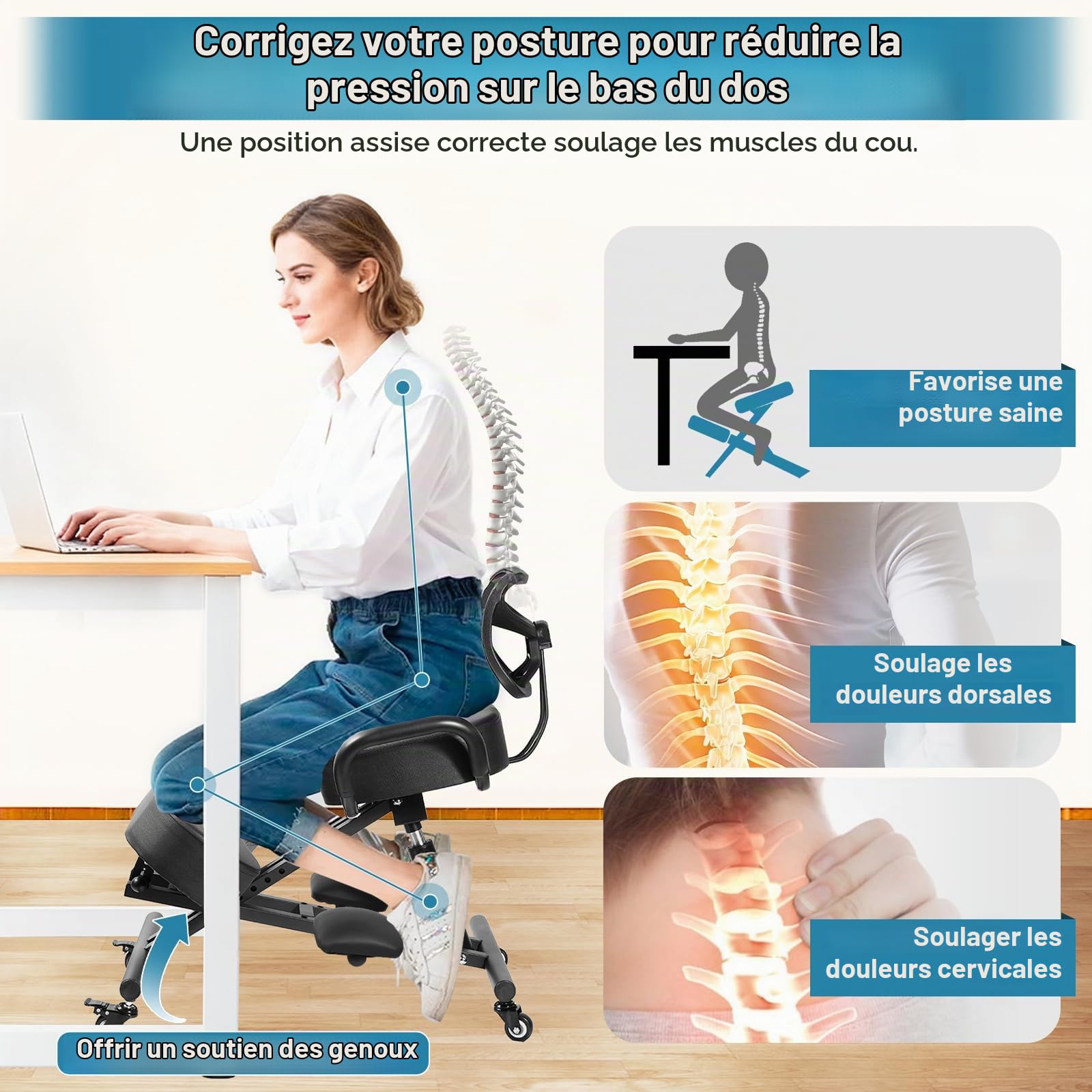 Generisch Chaise de bureau ergonomique avec pédales, hauteur réglable et soutien lombaire pour banques et salles de conférence, bureaux, amélioration de la posture