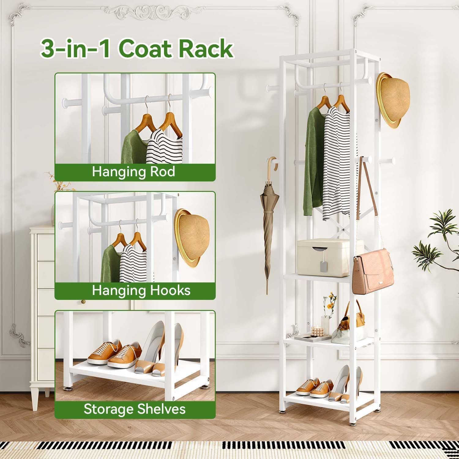 IBUYKE Coat Rack with Shelves, Freestanding Hall Tree with 3 Shelves and 8 Hooks, Industrial Clothes Stand for Entryway, Hallway, Bedroom, White UTMJ088W