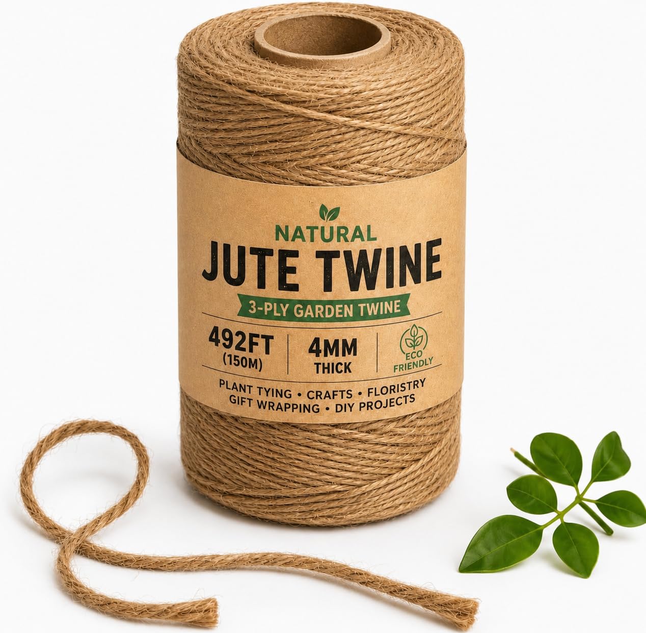 Natural Jute Twine 492ft (150m) x 4mm, Heavy Duty 3-Ply Brown Twine String for Gardening, Plant Support, Floristry, Crafts, Gift Wrapping & DIY Projects — image 1