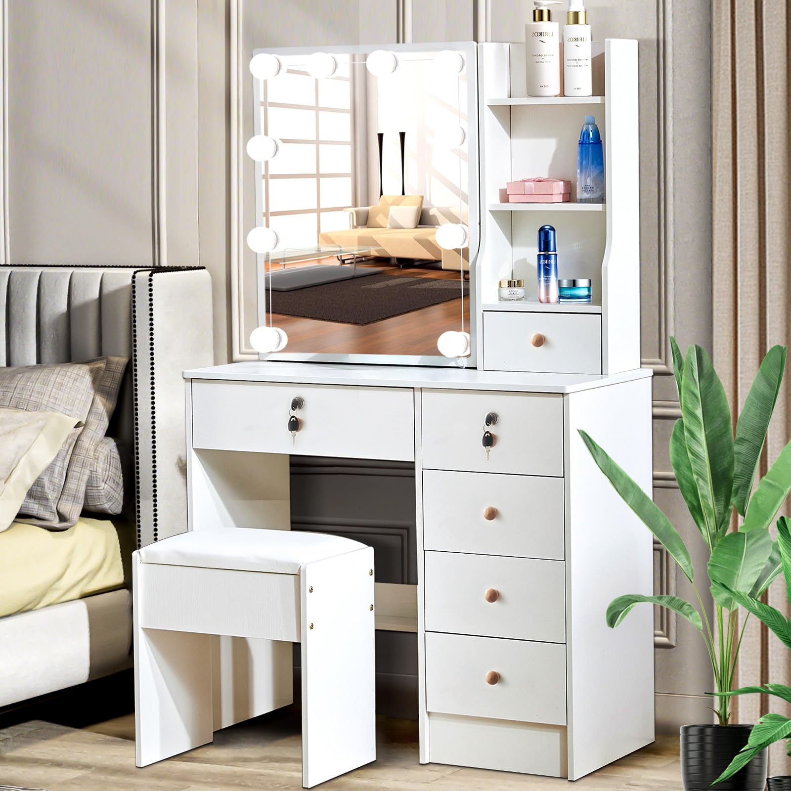 Kaptafel met dimbare verlichte spiegel, make-up kaptafel met lade en compartimenten, kaptafel met of zonder stoel voor make-up kamer, slaapkamer (kleur: wit met kruk, maat: L:100cm/39