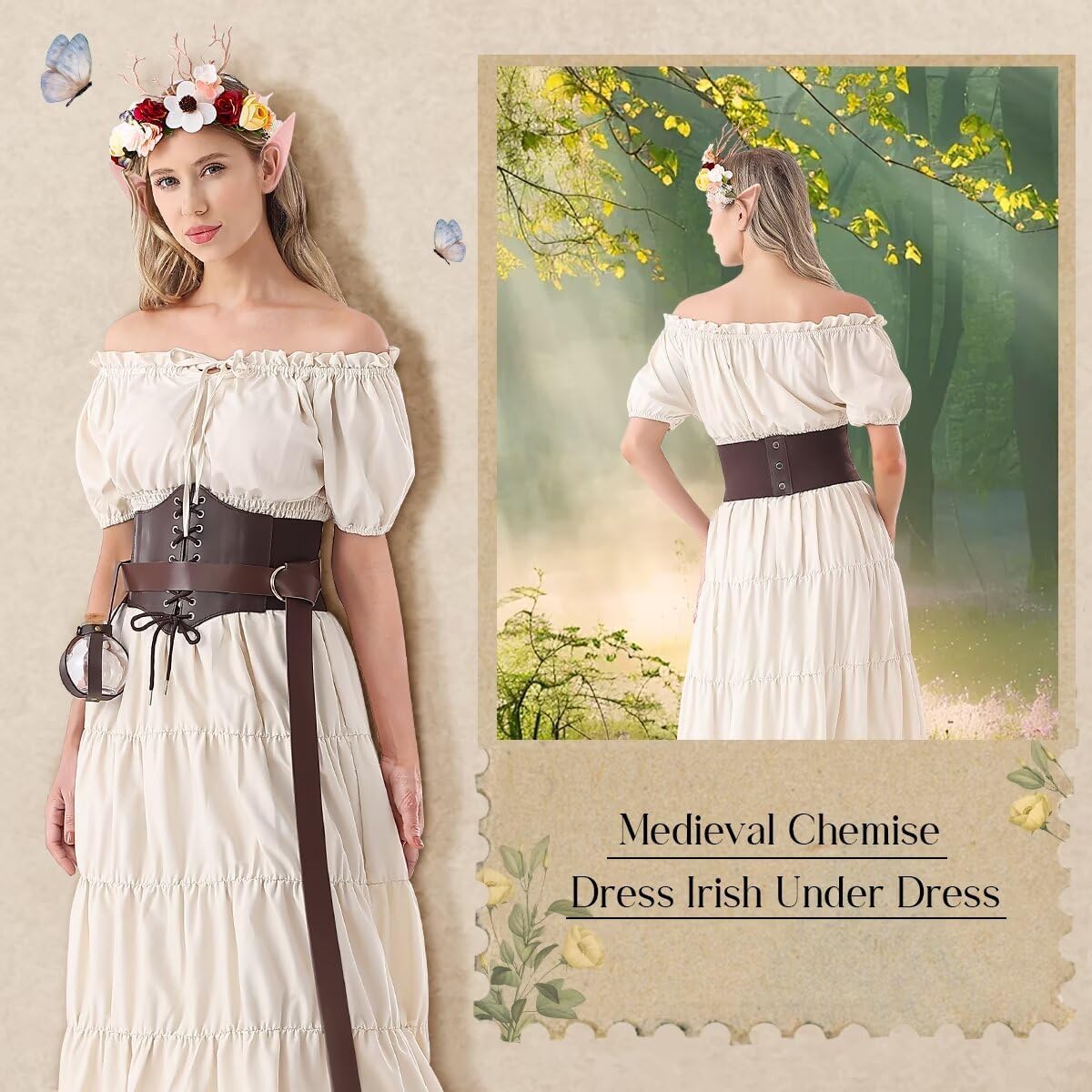 Renaissance Costume Women Medieval Fairy Dress, Corset Elf Ears Garland Belt Potion Bottles Peasant Halloween - Image 4