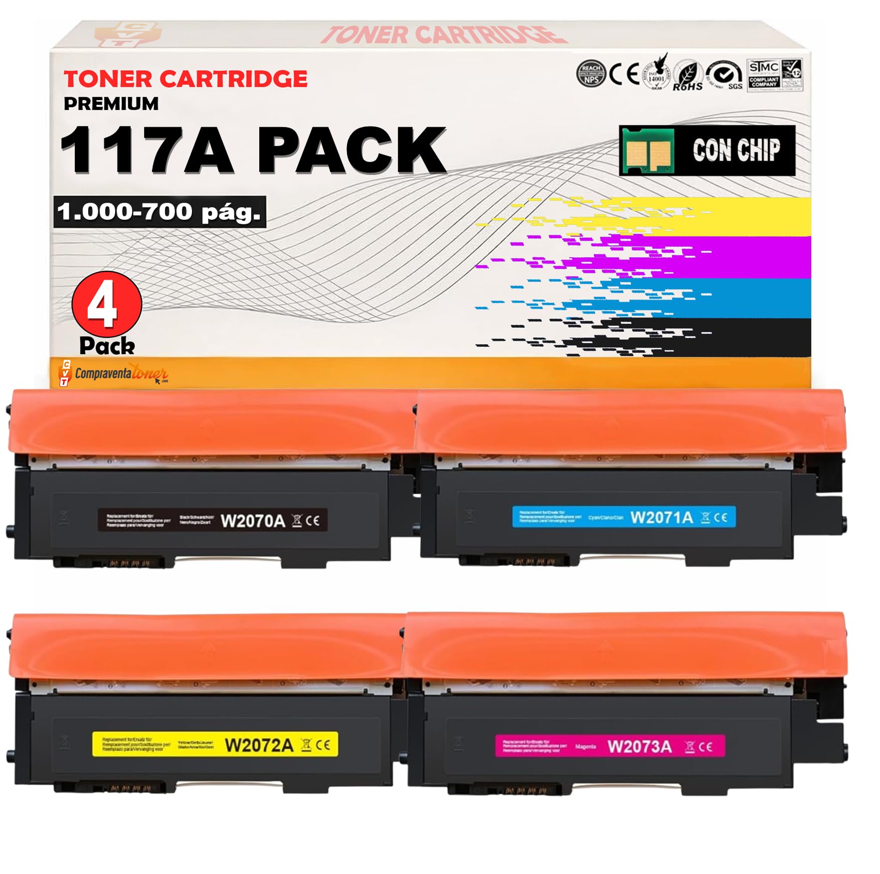 CVT - Pack 4 Toner Compatibles 117A / W2070-123A (con Chip) para HP Color Laser 150, MFP 170 Series, MFP 178, MFP 179