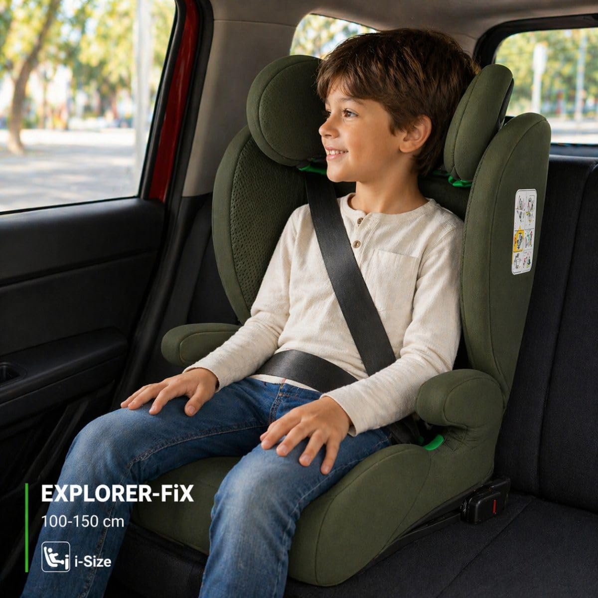 First Step Explorer Fix Silla Coche Niño i-Size (100-150 cm), Grupo 2/3 ISOFIX, Reposacabezas 13 Posiciones, Reclinable, Protección Lateral SPS, De 3,5 a 12 Años, Convertible en Alzador, Verde
