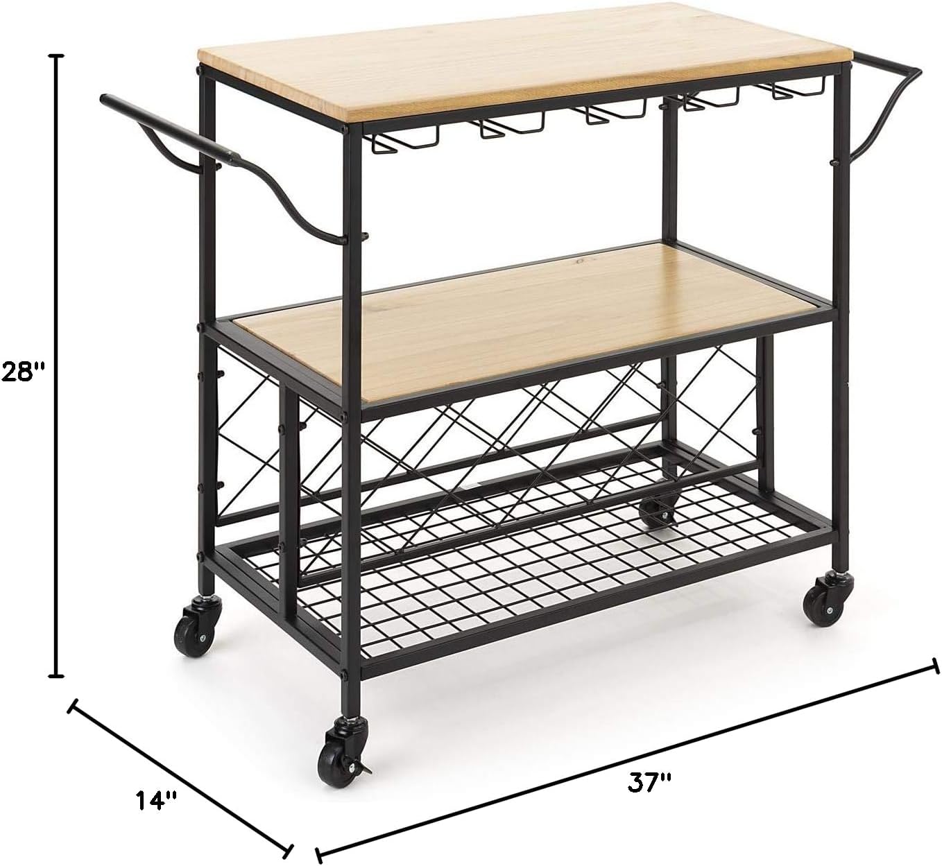 Displays2go Bar Cart w/Wine Rack, 13 Bottle Holders, 5 Stemware Rows - Natural Wood Finish (FSBEVCART4B)