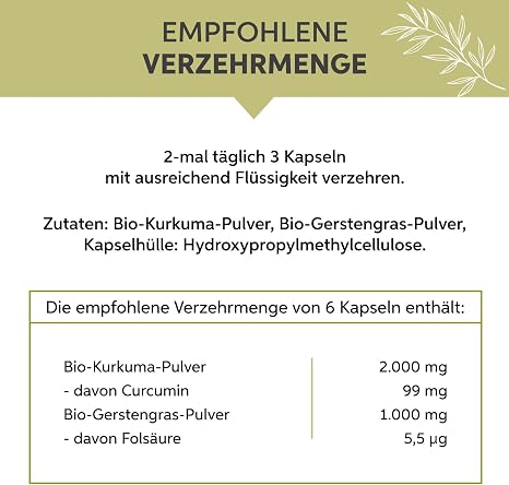 Bio Kurkuma Gerstengras Kapseln 200 Stück Hochdosiert 3000mg Tagesdosis Premium Curcumin aus Indien und deutsches Gerstengras Pulver 100% rein ohne Zusätze