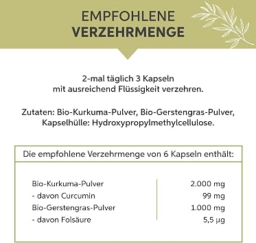 Bio Kurkuma Gerstengras Kapseln 200 Stück Hochdosiert 3000mg Tagesdosis Premium Curcumin aus Indien und deutsches Gerstengras Pulver 100% rein ohne Zusätze