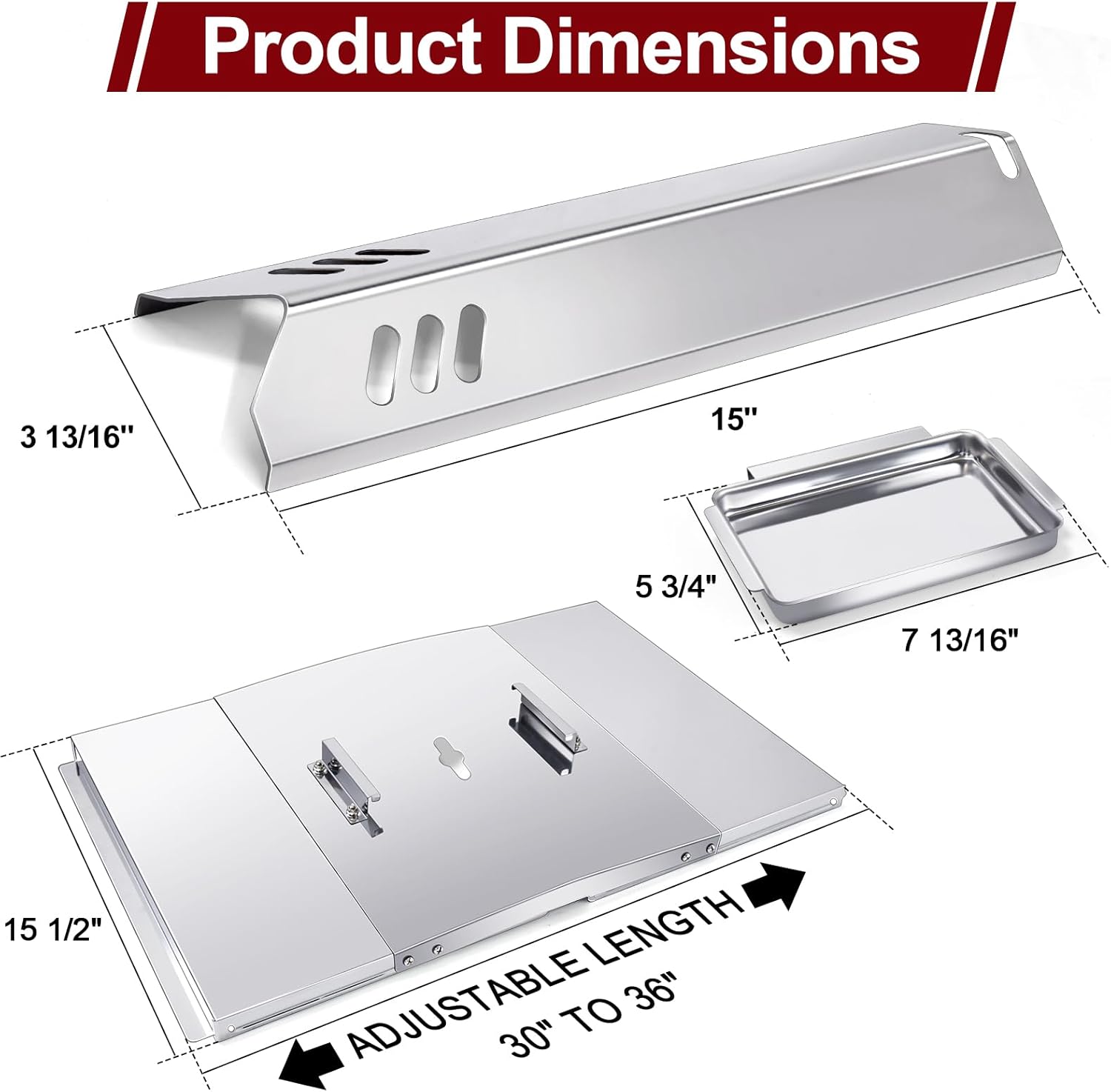 Hiorucet Grill Replacement Parts for Dyna Glo DGF600SSP DGB610SSP, Adjustable 30"-36" DGB610SSP Drip Pan, DGB610SSP Grease Tray, Heat Plates for Dyna Glo Grill Parts, DGF600SSP Replacement Parts