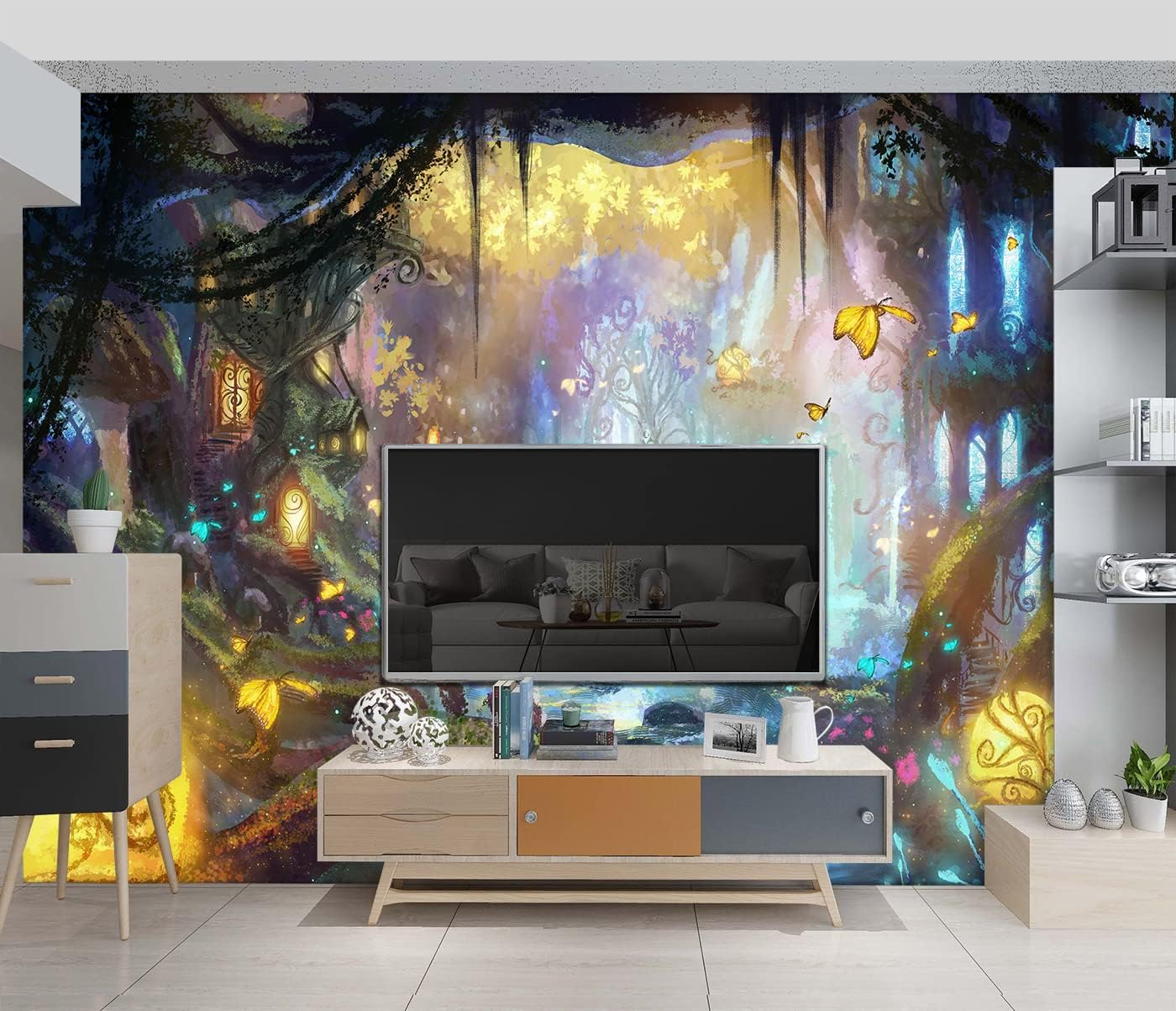 Enchanted Forest Backdrop Wallpaper Black and Gold Tree Nursery Kids Bedroom Dream Butterfly murals Boys and Girls Room Decor Home Living Room Large wall Mural - 137"x96" Not Peel and Stick
