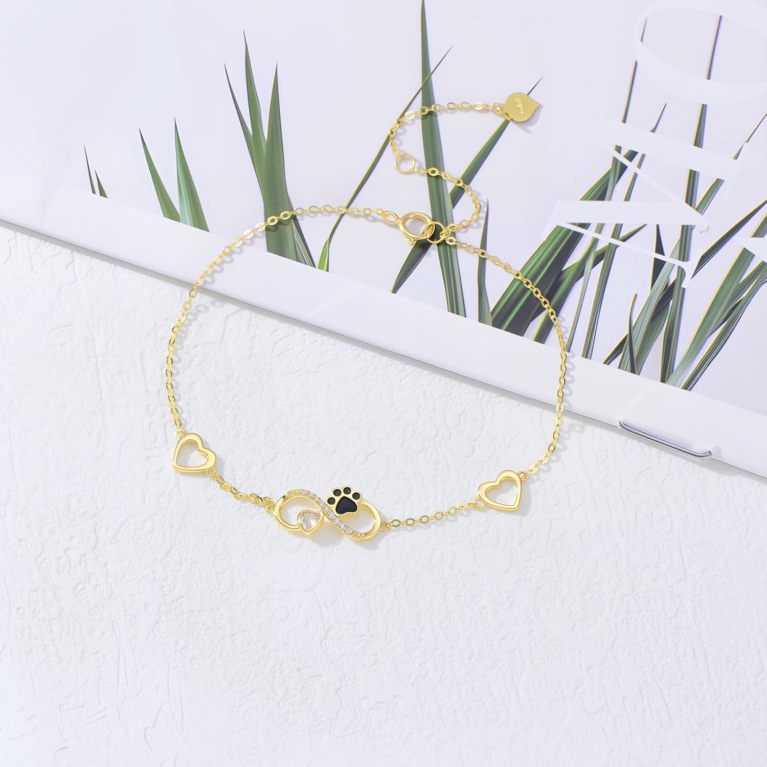 SISGEM 14K Real Gold Infinity Hearts Bracelet for Women,Yellow Gold Heart-Cut Moissanite Cat/Dog Paw Print Dangle Bracelets Christmas Birthday Gifts Jewelry for Her,Wife Mom - Image 5