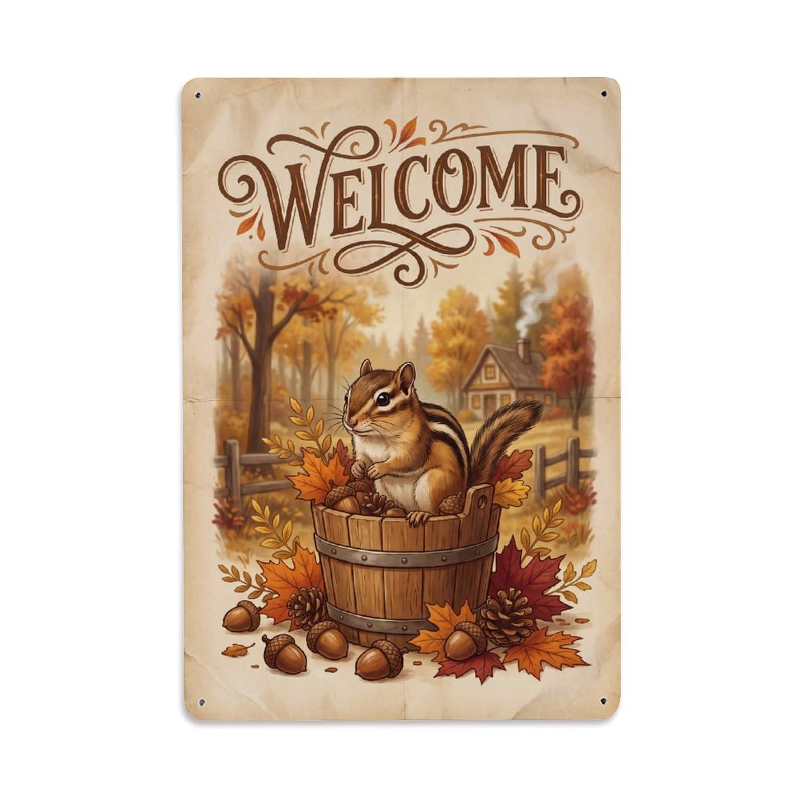 Cxhjca 8X12inch(20X30cm) Vintage Welcome Chipmunk Peaceful Place Metal Tin Sign