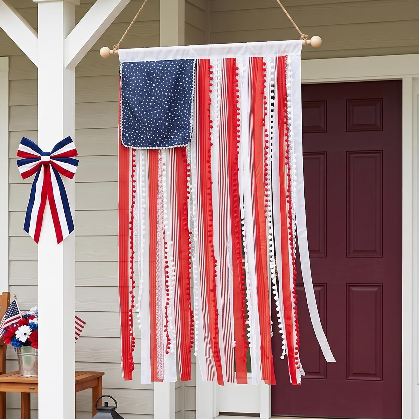 PUKUPIG 4th of July Decorations, 2.3x4.3 Ft Patriotic Bunting Ribbon Banner, American Flag Wall Hanging for Front Door, Covered Porch, America's 250th