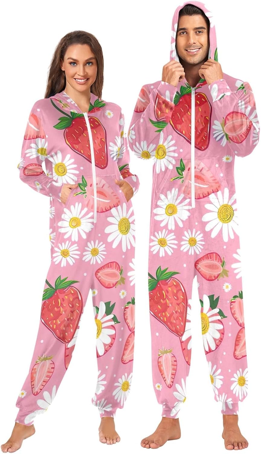 GAIREG Red Strawberries White Daisies Adult Onesie Pajamas with Hood Zipper Closure for Men Women Loungewear Sleepwear