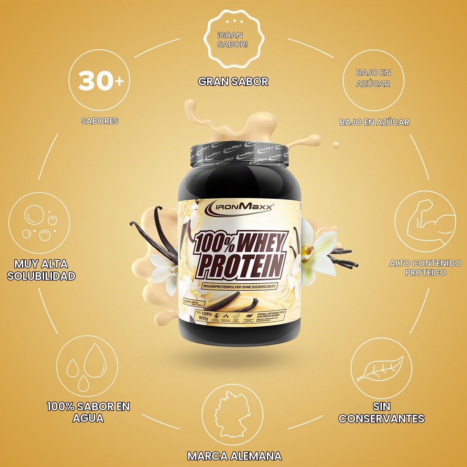 IronMaxx 100% Whey Protein 900 g - Proteína de Suero en Polvo Sabor Vainilla Francesa | Con BCAA | Fácil Disolución | Batido de Proteínas para Fitness y Gimnasio