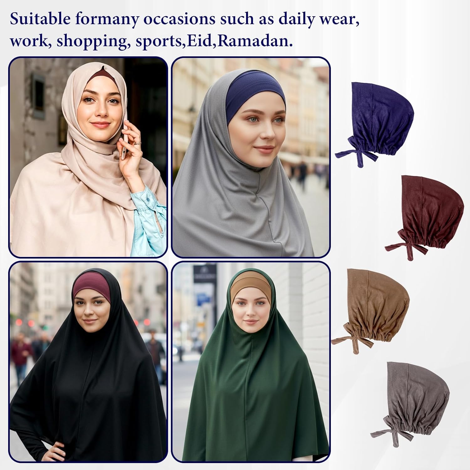 4 Pcs Hijab Caps, Hijab Undercap Non Slip, Islamic Muslim Taj Crown Undercap with Tie Back Closure Daily Wear - Image 4