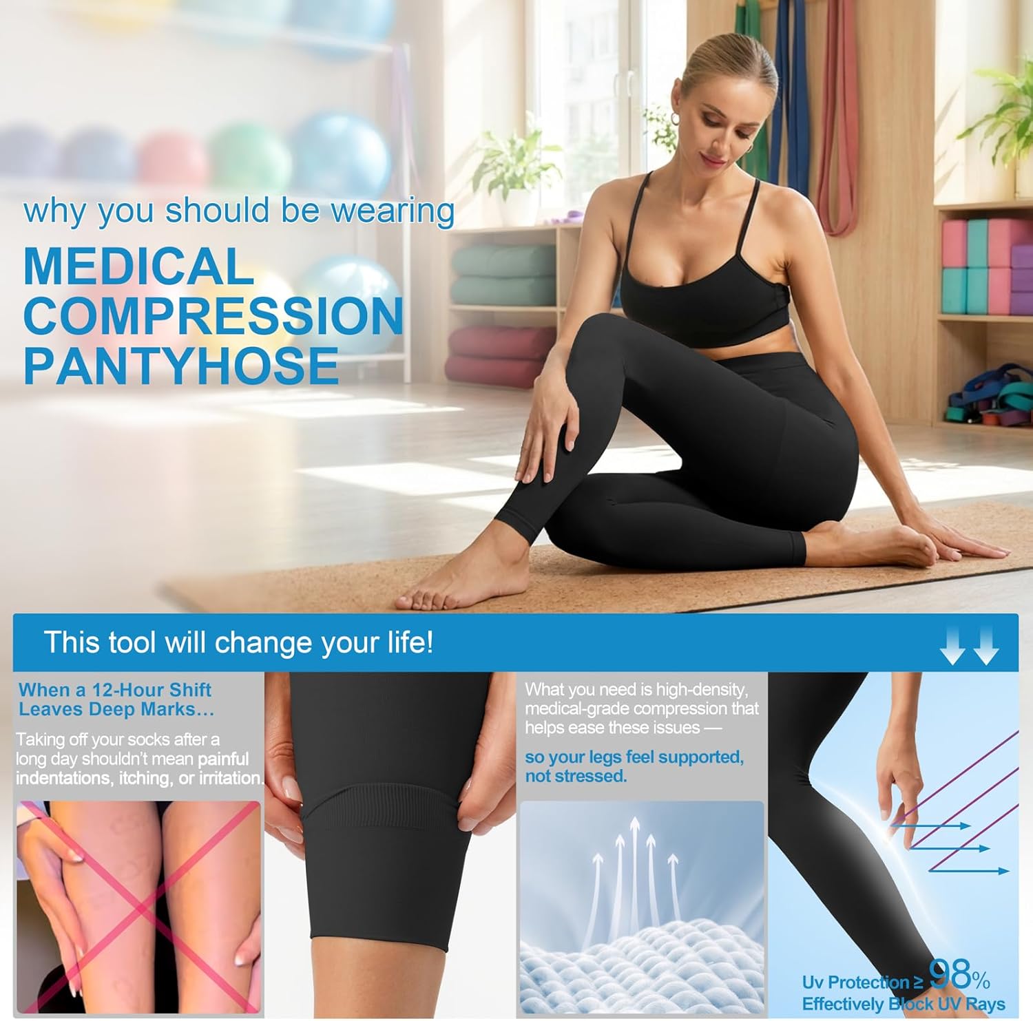 Medical Compression Pantyhose for Women & Men,20-30 mmhg Waist High Compression Stockings,Footless Graduated Support Compression Tights for Varicose Veins, Edema