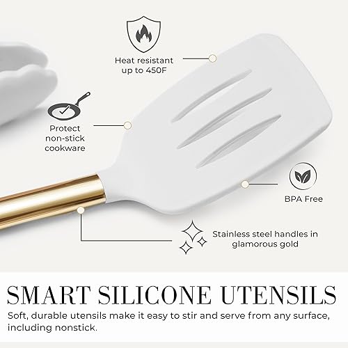 Miniatura 4 de Styled Settings Juego de utensilios de cocina blanco y dorado, 15 piezas, sin BPA, antiarañazos, incluye utensilios de cocina de silicona blanca y